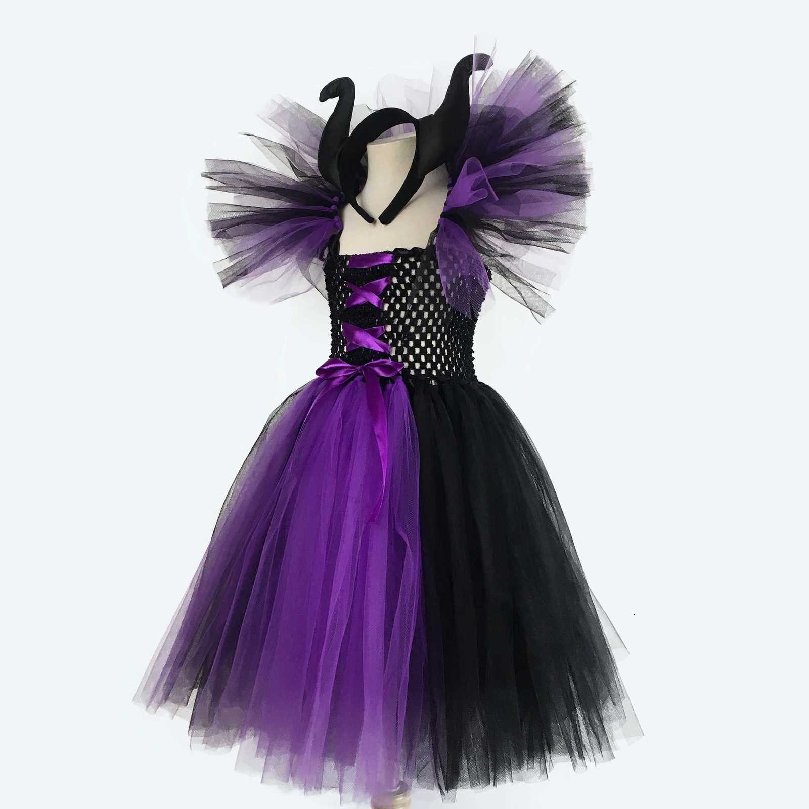 Girls Evil Queen Maleficent Witch Tutu Dress Kids Crochet Dress Ball Gown with Hairbow Children Halloween Par Costume Dresses Z250725