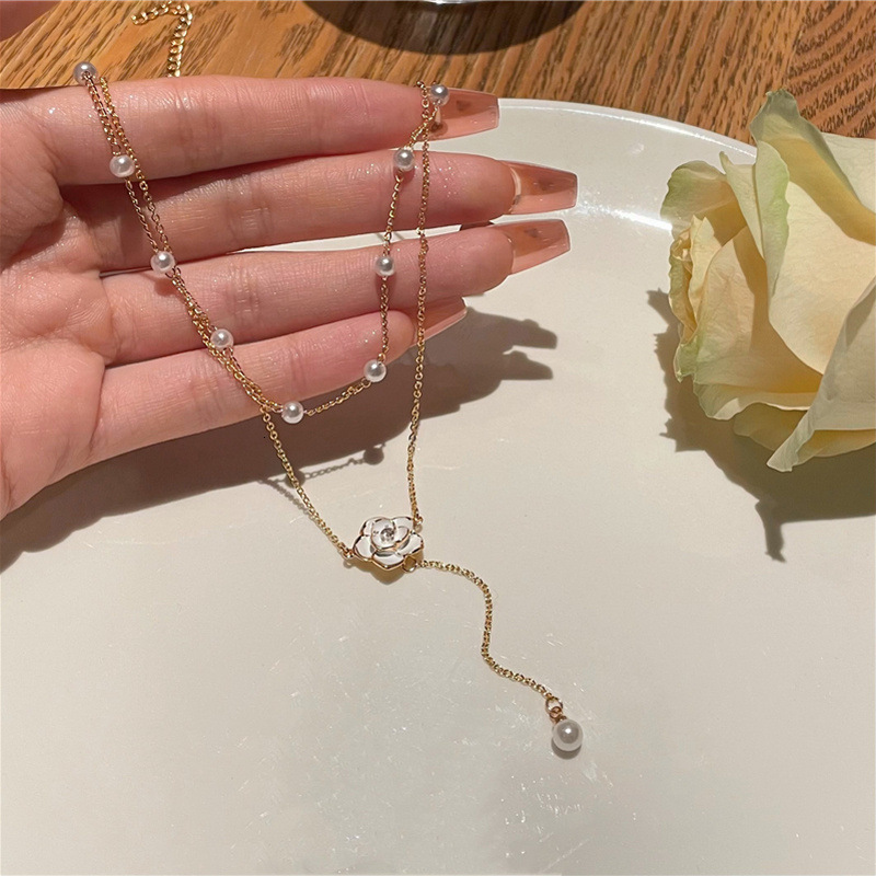 Double Layer Camellia Necklace ~ Pearl Tassel Niche Design High-end Light Clavicle Neck Chain for Women Jewelry for Women