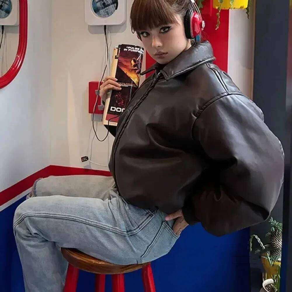 2024 Fall Winter Faux Leather Jacket For Women Oversized Streetwear Cotton Padded Parkas Short Bomber Coat Warm