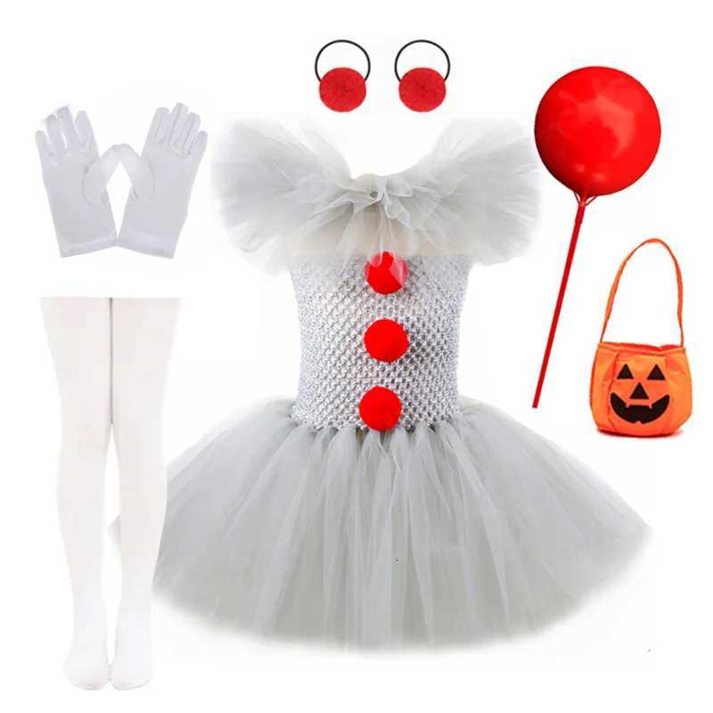 Girls Gray Joker Costume Handmade Mesh Tutu Dress Kids 2024 Halloween Carnival Cosplay Par Creepy Clown Children Clothes Z250725
