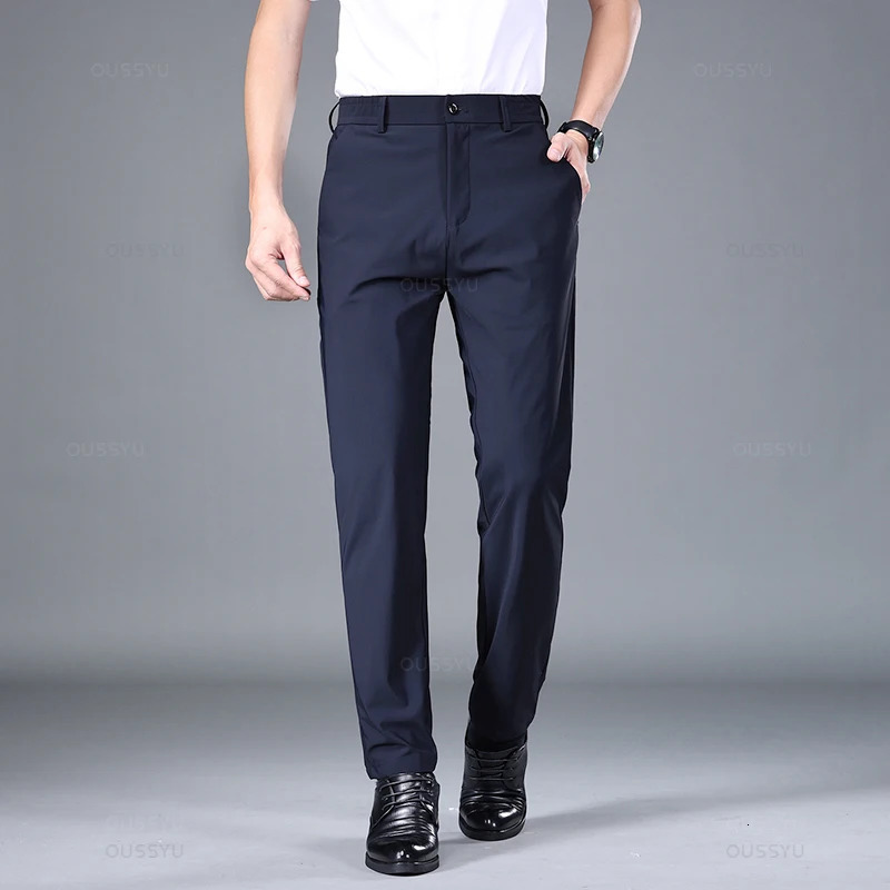 Summer Good Stretch Smooth Trousers Men Business Elastic Waist Korean Classic Thin Black Gray Blue Casual Suit Pants Male 250725
