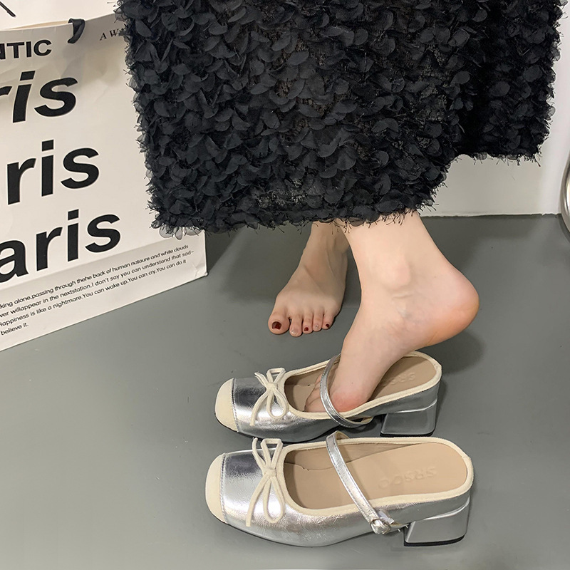 Ddmysports Silver Mary Jane Half Outdoor Summer French Style Chunky High Heel Bowknot Loafers Slippers For Women Outdoor Shoes