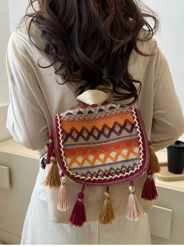 fringe natural style backpack bag fem fi personality commuting leisure senior sense travel backpack Y250724