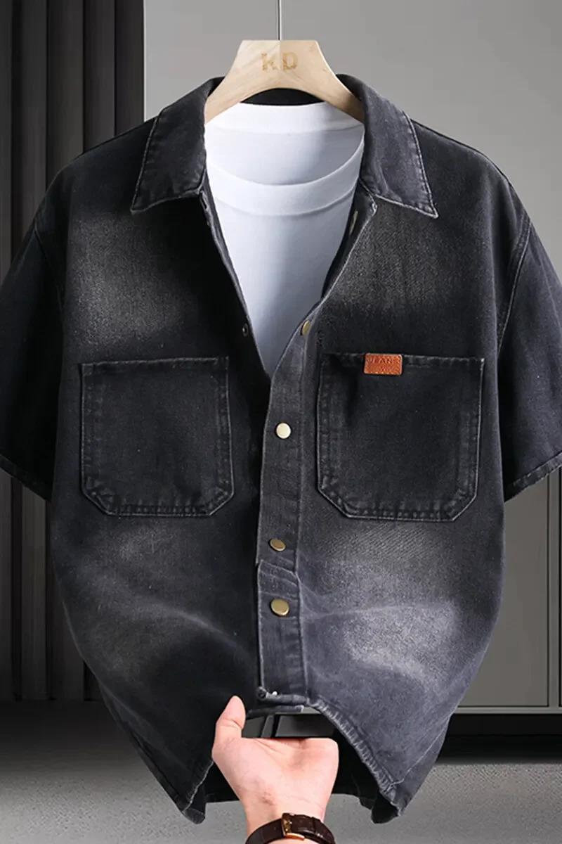 Trendy Mens Solid Denim Shirt Soft Breathable Collar MultiPocket ShortSleeve Casual Comfortable Versatile Top 250725