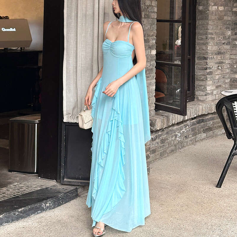 2025 Summer New Reverse Halter Pure Desire Beach Vacation Style Irregular Mesh Strap Dress 3da