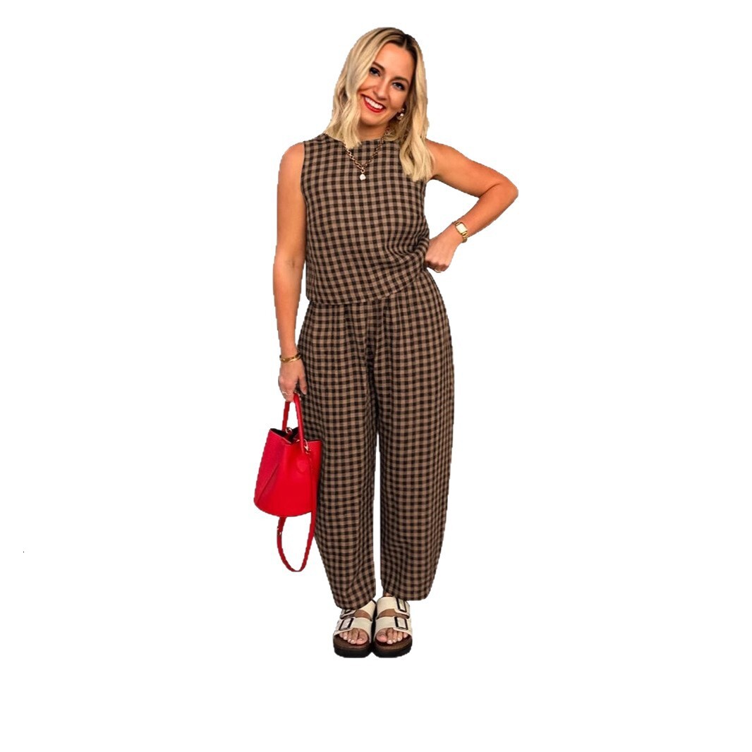 2025 Womens TK New Solid Color Plaid Loose Casual Sleeveless Vest and Long Pants Set