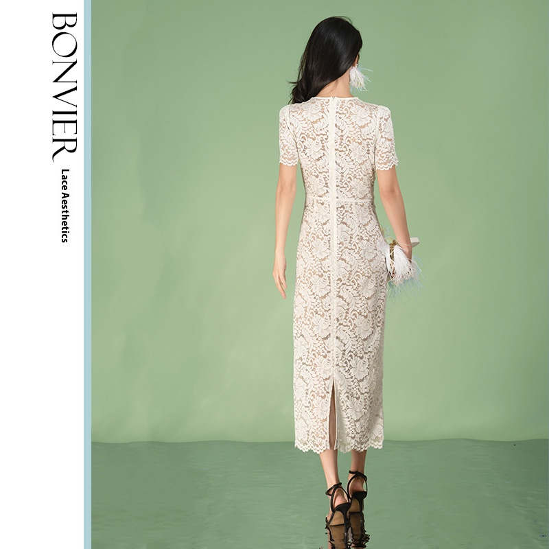 2025 Women Summer Elegant Short Sleeve Hollow Out Pearl Embroidery Midi Long Lace Evening Formal Basic Casual Dresses 6116554