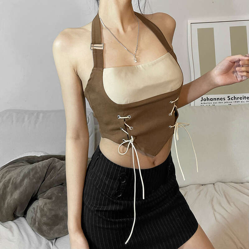 Trendy 2022 Spring New Women's Sexy Slim Fit Fashion Color-Block Halter Neck Tank Top 541