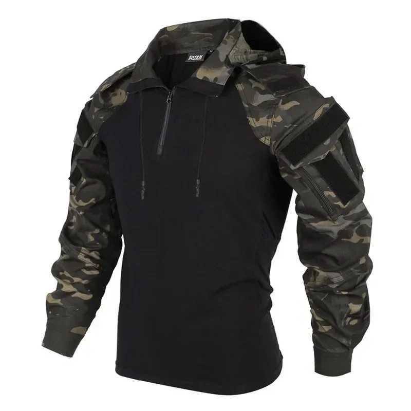 Outdoor Shirts Camo Combat T-Shirt Hooded Men Tactical Shirt Wear Resistance Airsoft Paintball Camping Hunting Clothing Y250724