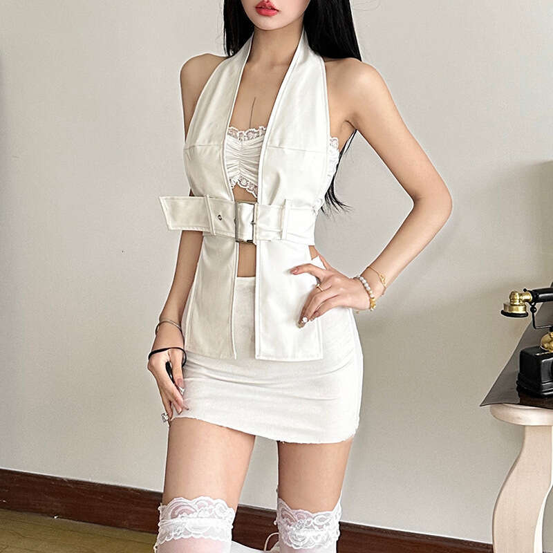 2024 Autumn Winter New Women's Solid Color Slim Fit Tube Top Fashion Halter Two-Piece Set Backless Vest 010
