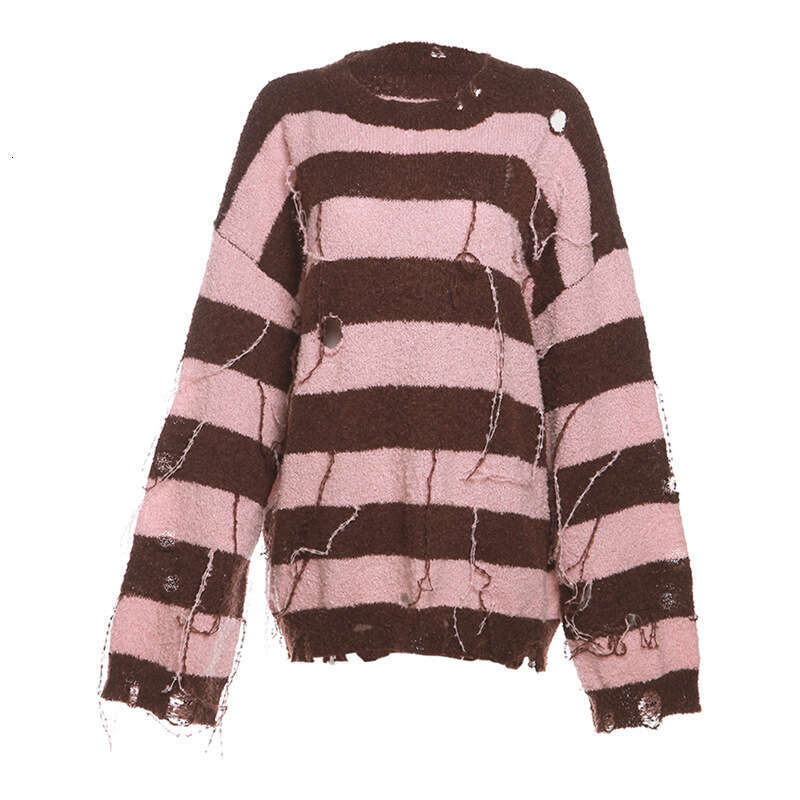 Women's Clothing 2023 Autumn Winter New Street Fashion Striped Loose Ripped Long Sweatshirt 911