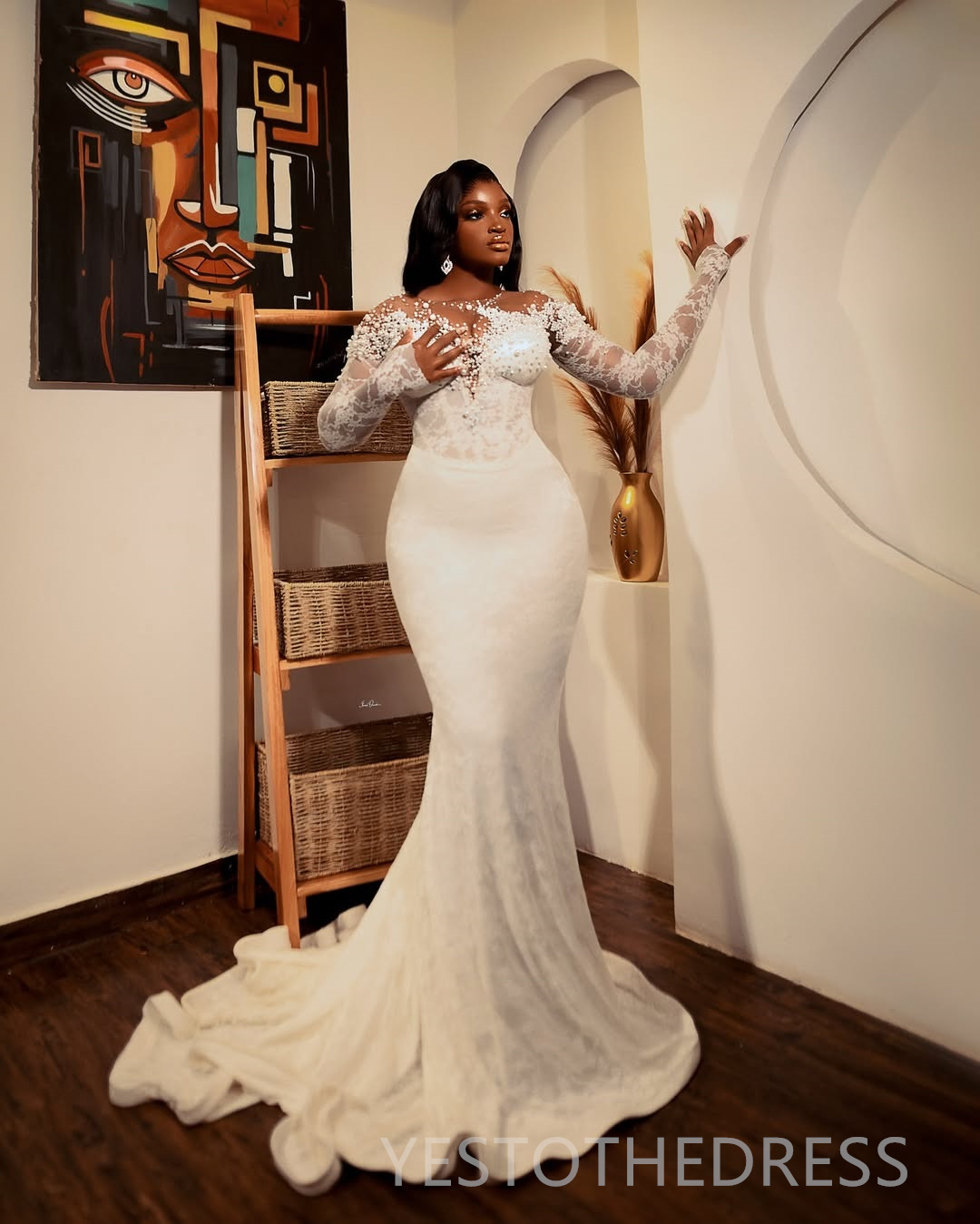 2025 Plus Size Wedding Dresses Bridal Gowns Mermaid Illusion Sheer Neck Long Sleeves Beaded Lace Tiered Tulle Pearls Wedding Gowns for African Black W