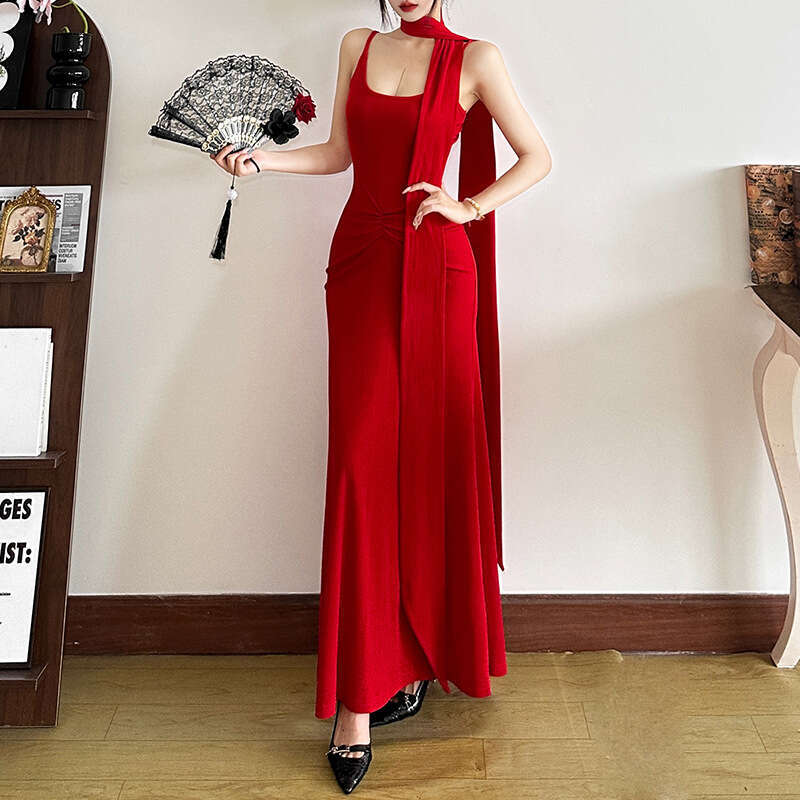 2025 Summer New Sexy Backless Elegant Waist-Cinching Slim Neck Strap Long Dress for Women 8a8