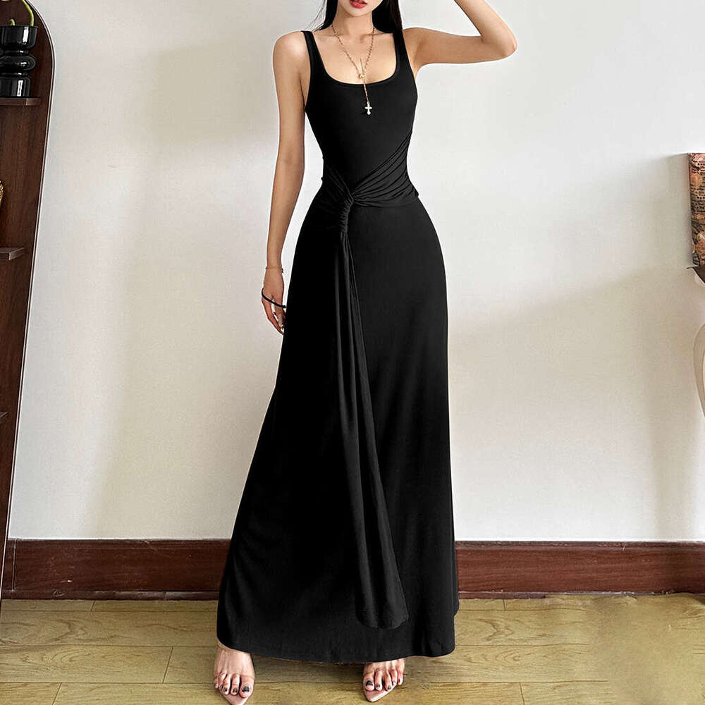 2025 Summer New Solid Color Square Neck Slim Fit Elegant Tie Waist Draped Bodycon Dress for Women 932