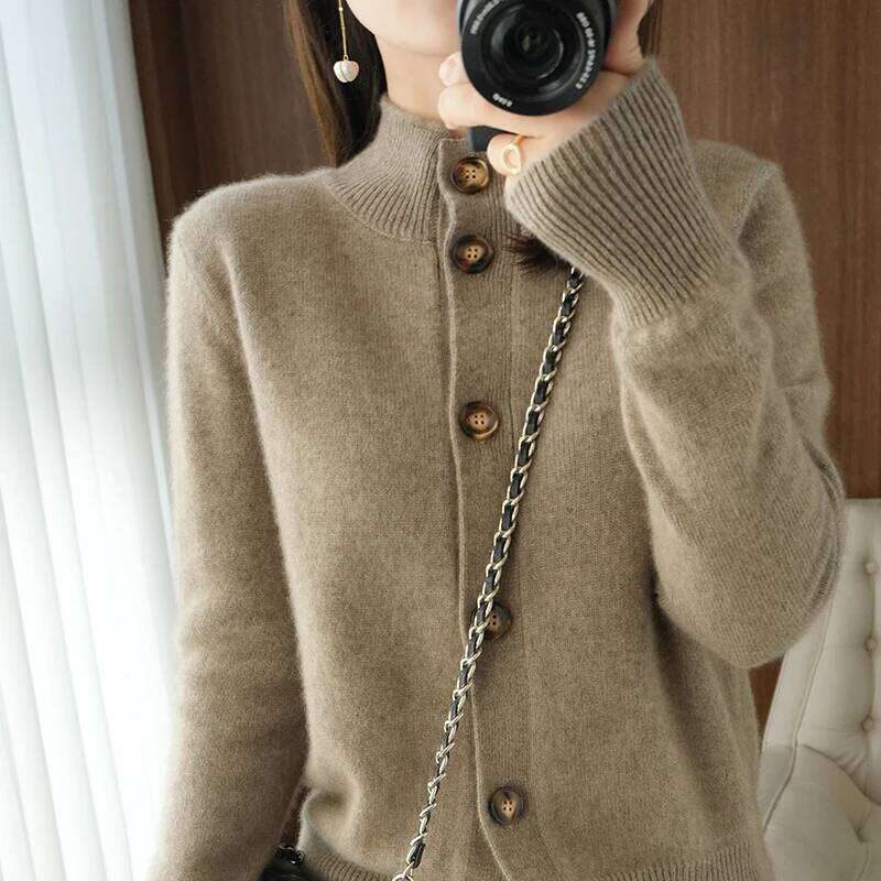 Autumn And Winter 100% Wool Cashmere Women's Self-Cultivation Half High Neck Cardigan Warm Knitted Sweater Women MDNG