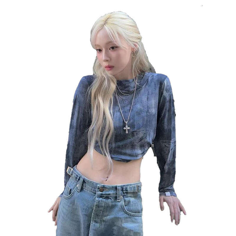 2024 Autumn New Street Fashion Sexy Long Sleeve Round Neck Slim Fit Crop Top T-Shirt for Women de8