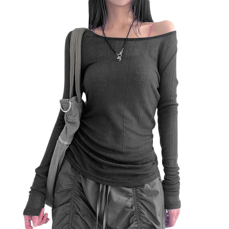 2023 Summer New Women's Fashion Solid Color Sexy Off-Shoulder Long Sleeve T-Shirt 1d3