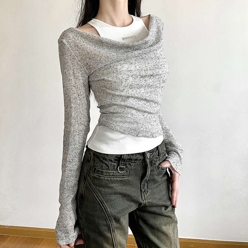 2023 Summer New Women's Solid Color Slim Fit Fashion Round Neck Tank Top Long Sleeve Two-Piece Set 2ec