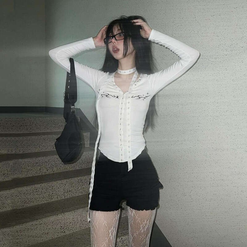 2024 Summer New Women's Solid Color Slim Fit Street Fashion V-Neck Long Sleeve Top 01e