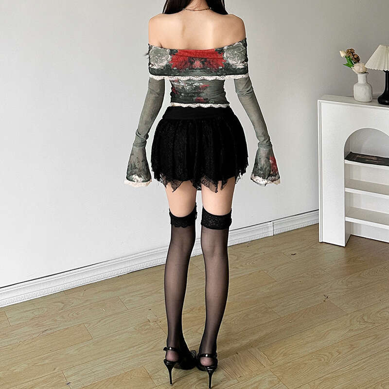 2024 Autumn New Women's Solid Color Slim Fit Fashion Off-Shoulder Long Sleeve Backless Sheer Top af4