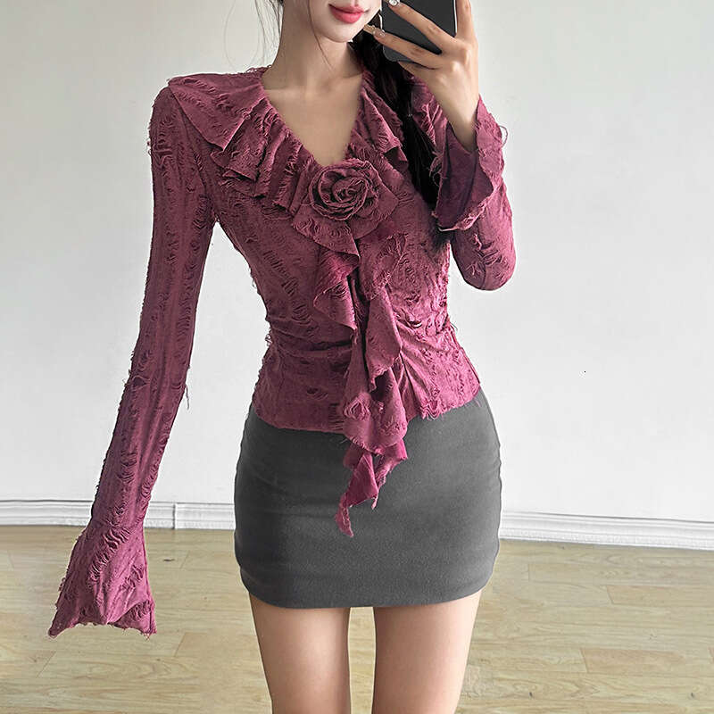 2024 Autumn New Women's Solid Color Street Fashion Long Sleeve V-Neck Slim Fit T-Shirt 84b