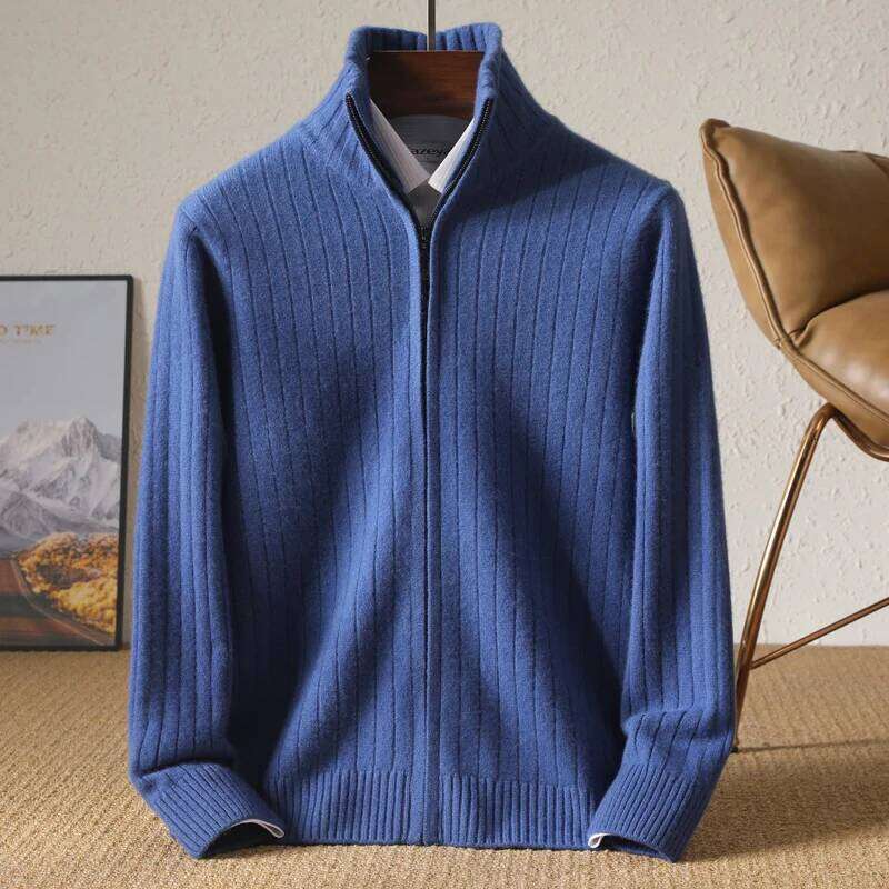 100% Merino Wool Stand-Up Collar Cardigan Casual Knit Business Zipper Coat Autumn Winter Versatile Warm Men Cashmere Jacket
