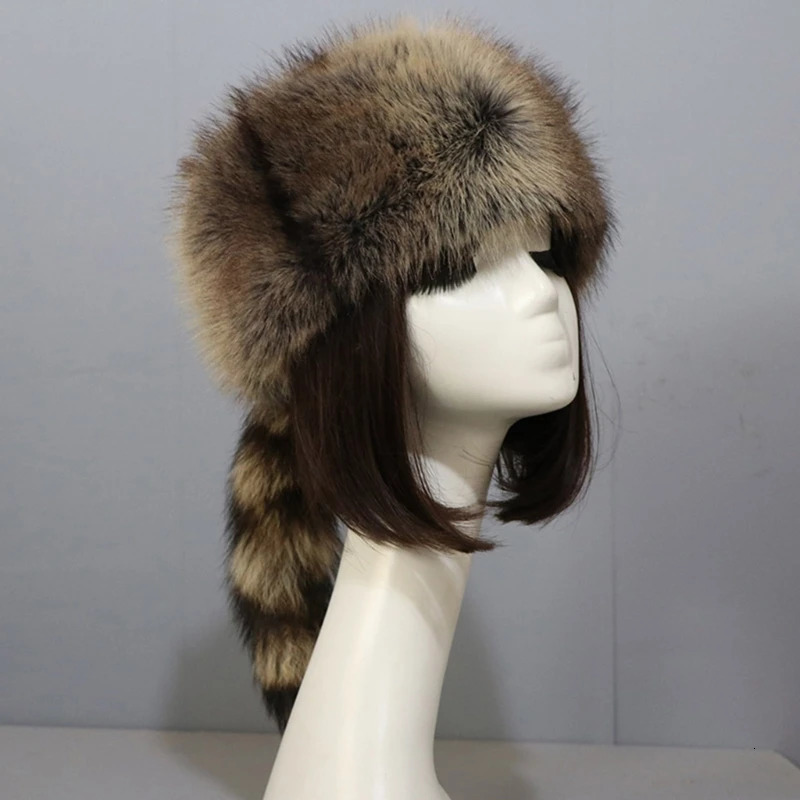 Plush Russian Style Flat Top Hat Winter Mongolian Hat Thickened Plush Raccoon Tail Hat for Adults Teens Keep Warm Hat Wholesale 250724