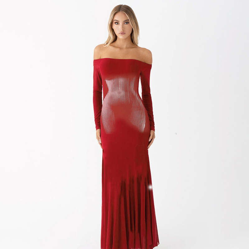 Qds465 Women's Autumn New Off-Shoulder Long Sleeve Printed High Waist Slim Fit Bodycon Mermaid Dress B5