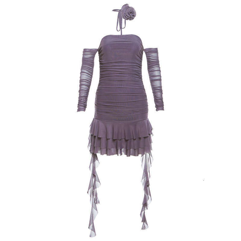 2023 Autumn Winter New Solid Color Sexy Off-Shoulder Fashion Tie Hip Dress 789