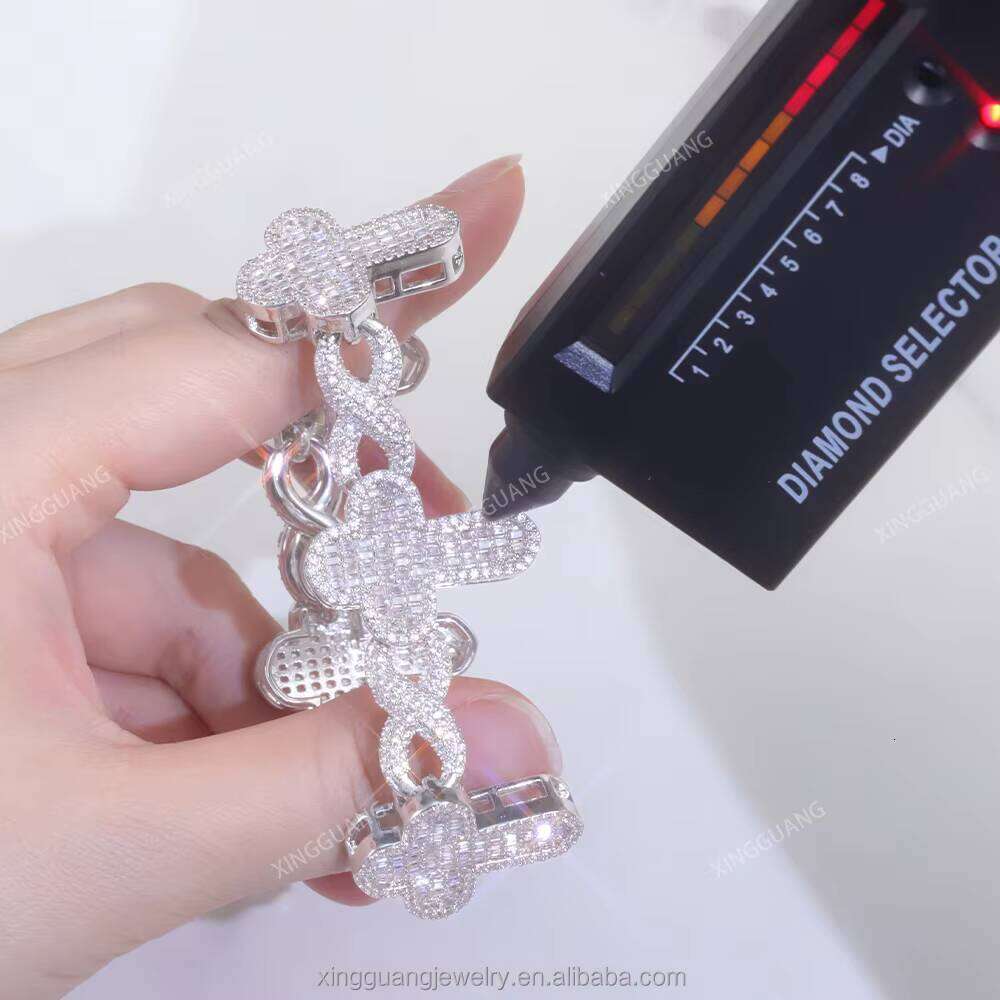 New Design Hip Hop Jewelry Gold Plated Pass Tester Vvs Moissanite Baguette Cut Dia Cross Cuban Link Bracelets