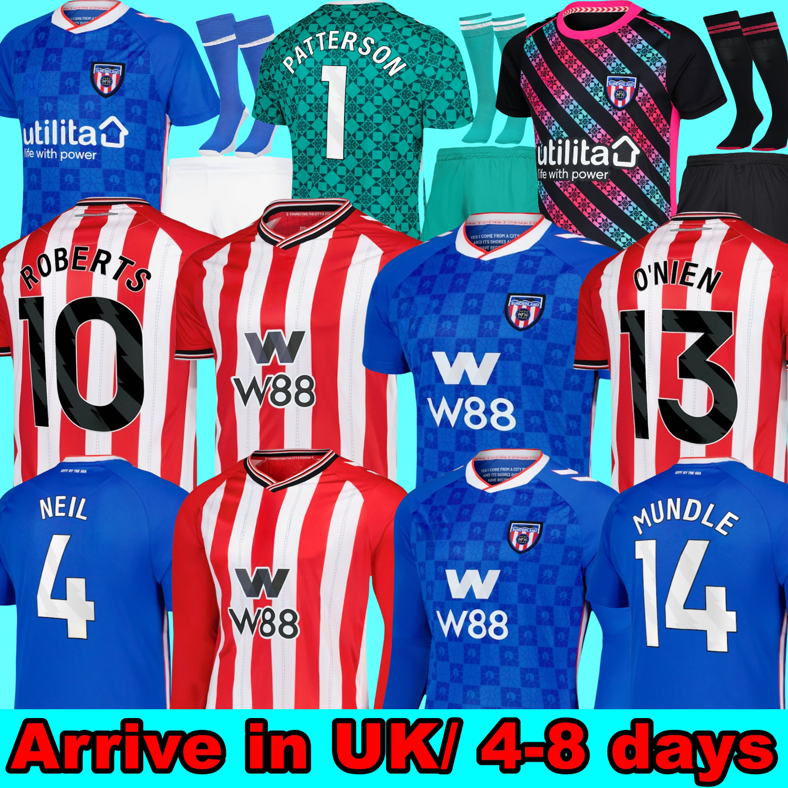 SUNDERLAND 25 26 Home Away Soccer Jerseys STEWART SIMMS ROBERTS AMAD CLARKE DAJAKU EMBLETON EVANS O'NIEN Ballard 5 Football Shirt PRITCHARD Hummel Equality Jersey