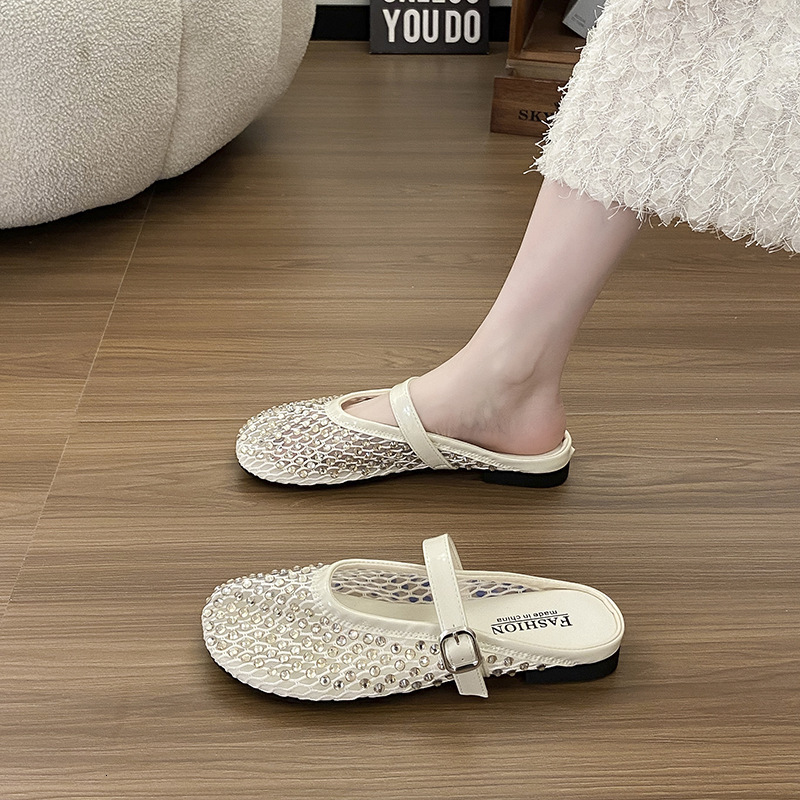 Ddmysports Shiny Diamond Niche Hollow Out Half For Women Summer Slip On Fairy Style Breathable Flat Closed Toe Slippers Outdoor Shoes