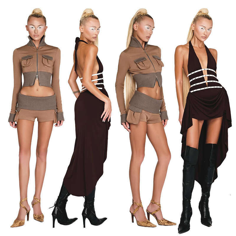 2024 Autumn New Women's Solid Color Slim Fit Long Sleeve Zipper Top Fashion Low Waist Shorts for Women 2bb