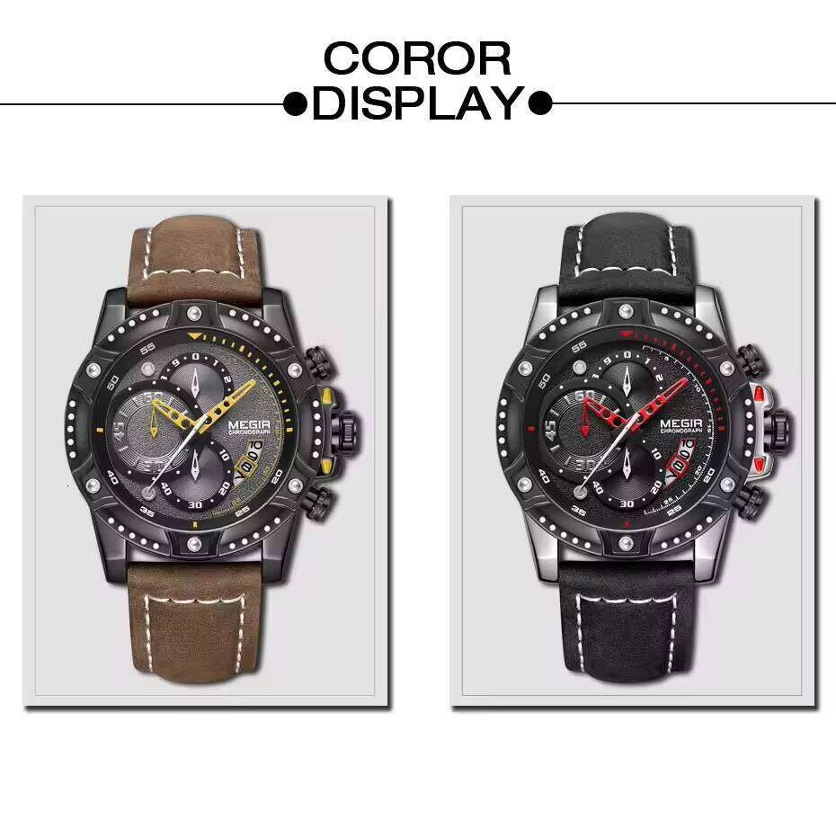 DHgargets MEGIR Men's Sports Watch - 55mm Big Face, Luminous, 30M Waterproof, Leather Strap, Quartz Chronograph Wristwatch