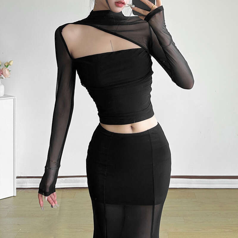 2024 Autumn New Women's Fashion Solid Color Slim Fit Crop Street Style Round Neck Long Sleeve Top 891
