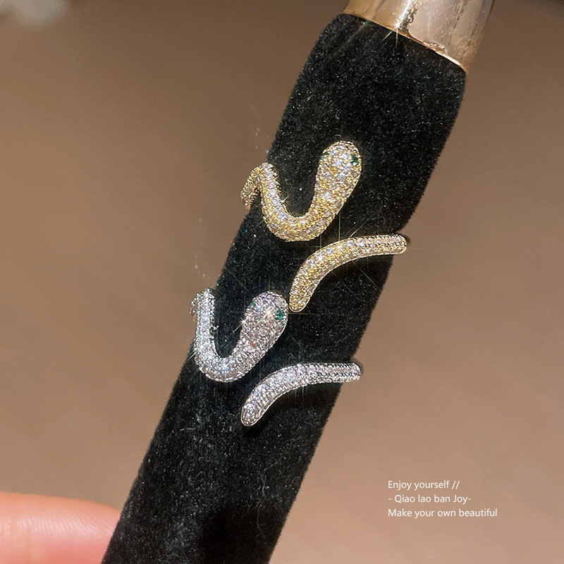 Gold Tone Snake Shaped Ring Pave Crystal Body & Green Gemstone Eyes Edgy Party Jewelry And Gift For Her High Quality Stylish Design