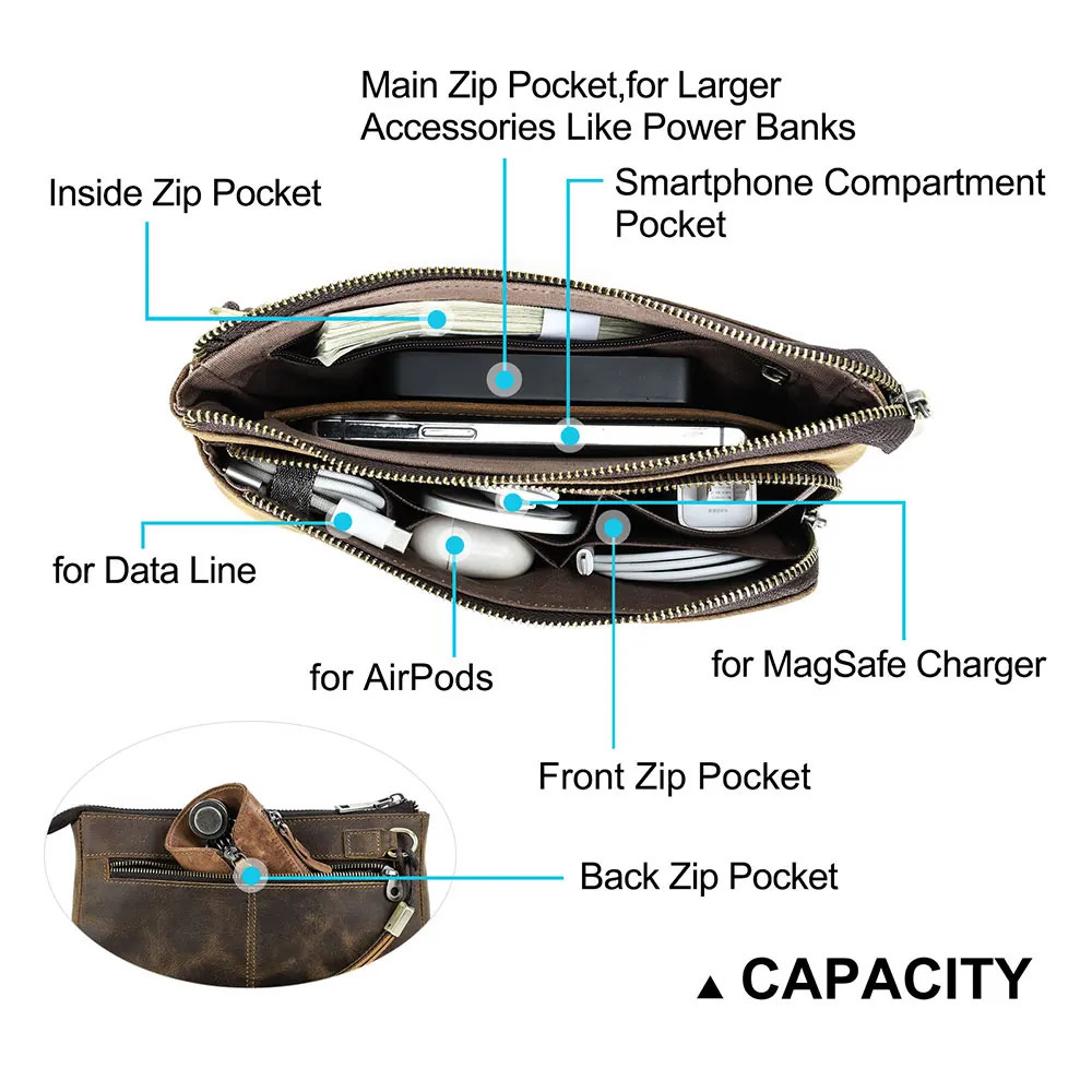 Cowhide Mens Clutch Bags Genuine Leather Men Business Travel Handbags Large Capacity Cable Organizer Clutch Purse Vintage Style 250723