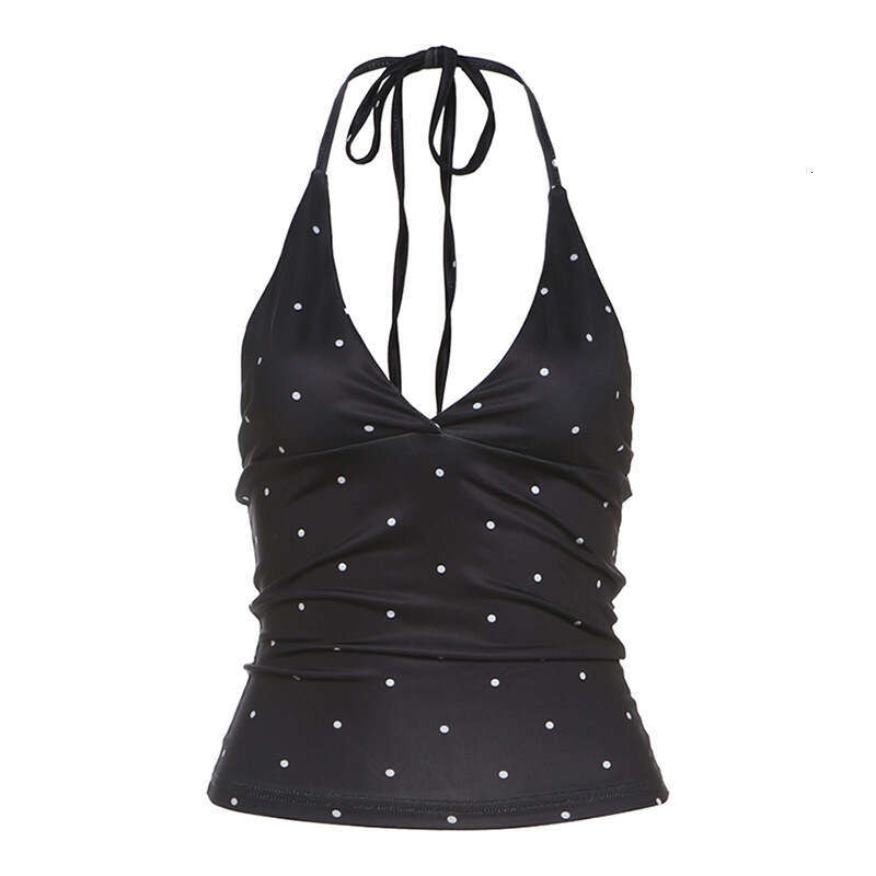 2025 Summer New Halter V-Neck Polka Dot Print Sleeveless Slim Fit Versatile Crop Top 635