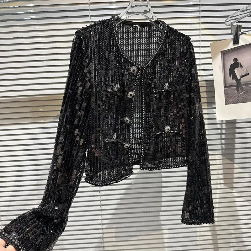 Spring Summer Sequin Shoulder Pad Sunscreen Short Coat Women White Black Pink Jacket 250725