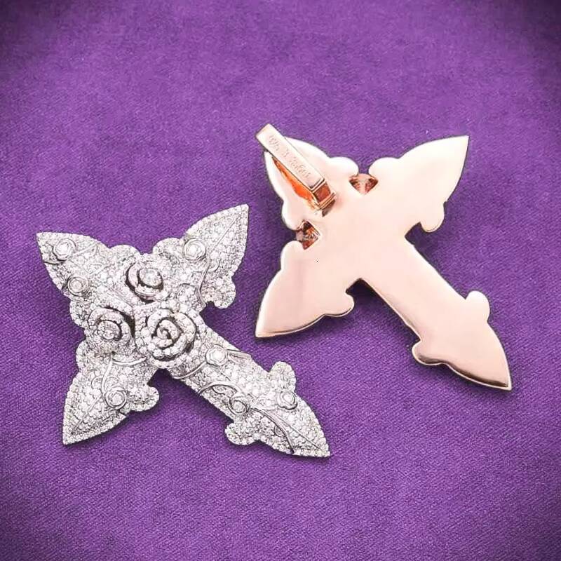 GRA D Color Moissanite Iced Out Mens Cluster Flower Rose Cross Pendant With 925 Sterling Silver Pass Diamond Tester