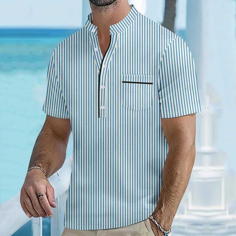 Summer Stand Up Collar Mens Short Sleeve Polo Shirt Male Business Casual Henry Shirt Striped Pocket Soft and Comfortable Top XJ250725