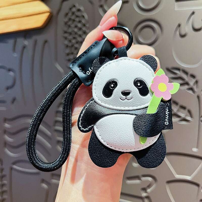 Genuine Panda Keychain Cute Cartoon Flower Holding Bamboo Leather Couple Bag Pendant Small Gift