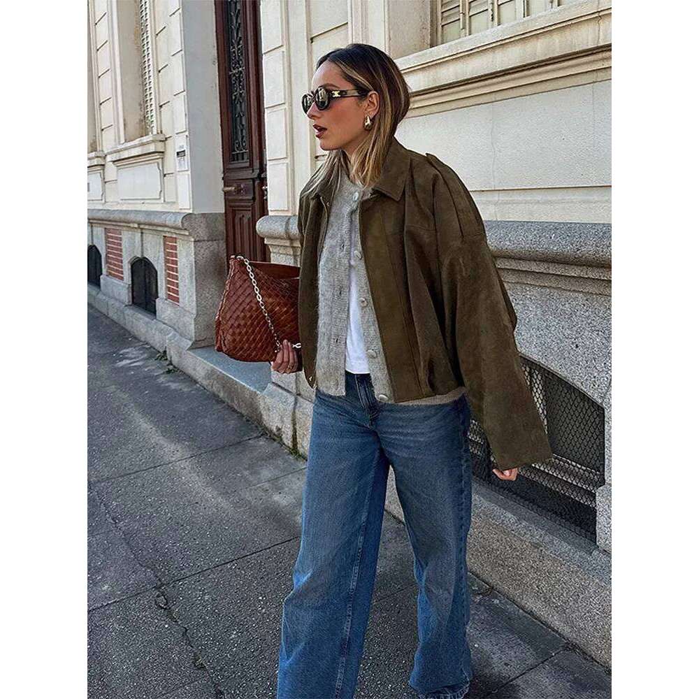 Green Jacket Coat Suede Texture Lapel Vintage Cargo Top Pilot Jackets Loose Casual Street Trendy Outwear Baseball Uniform