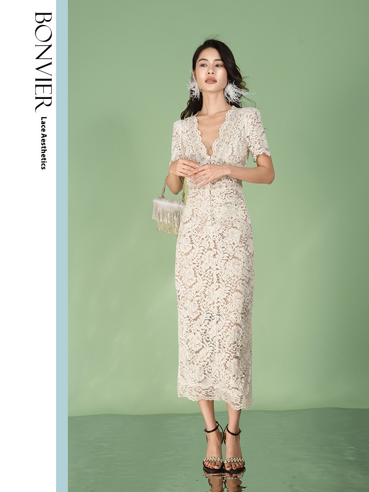 2025 Women Summer Elegant Short Sleeve Hollow Out Pearl Embroidery Midi Long Lace Evening Formal Basic Casual Dresses 6116554