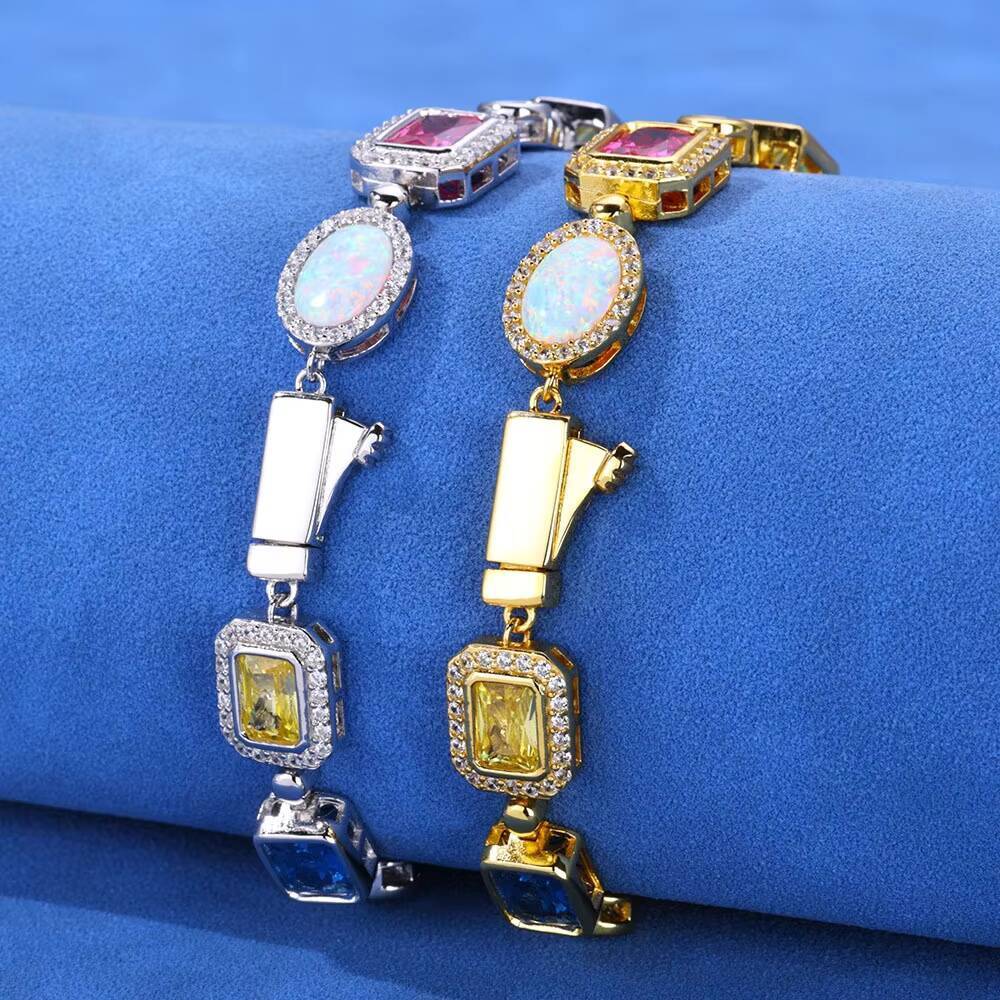 Trendy Men S925 Silver Moissanite Color Gemstone Bracelet Hip Hop Style Jewelry for Women