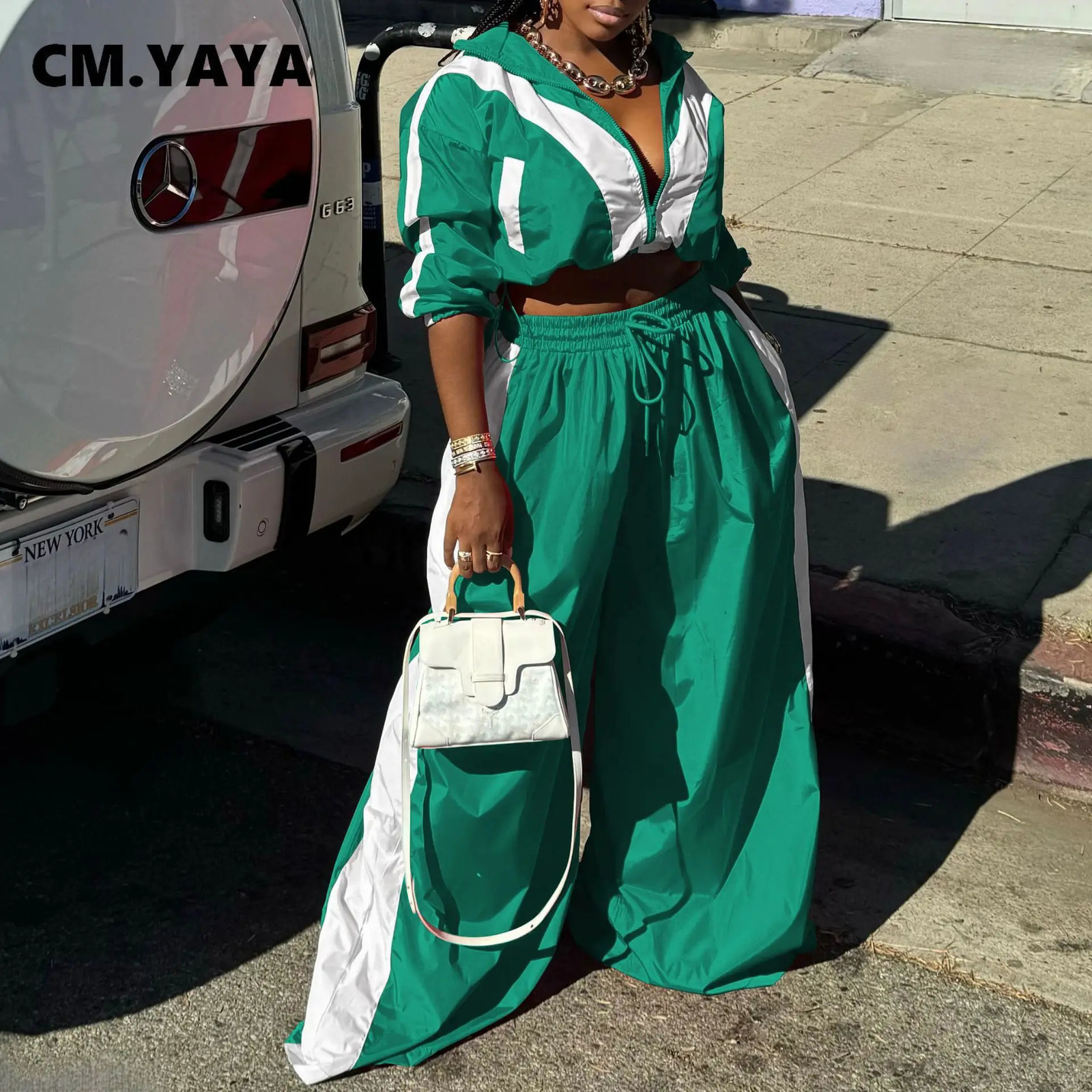 INS Two-Piece Set Outfit Tracksuit CM.YAYA Active Patchwork Womens Set with Zipper Sweatshirt Jacket and Wide Leg Pants 250723