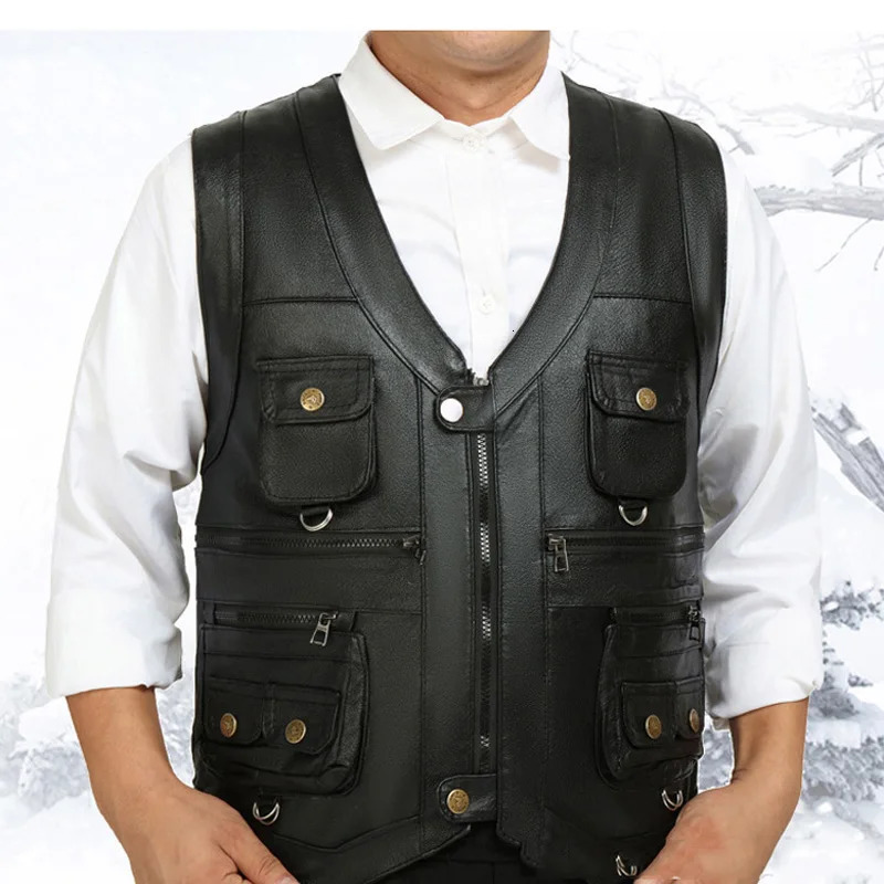 2025 gentlement leather vest male slim commercial sheepskin men waistcoat with many pockets 250725