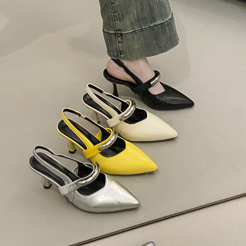 Ddmysports French Style Pointed Stiletto Heels With Silver Buckle For Women Spring Summer New Fashion Closed Toe Backless Sandals Outdoor Shoes