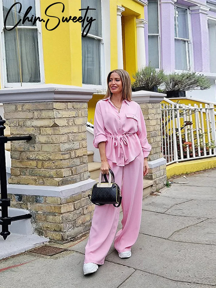 Summer Womens Outfit Casual Solid Shirt Pants Set Long Sleeve Lapel Single Breasted Wide Leg Drawstring Trouser 250723