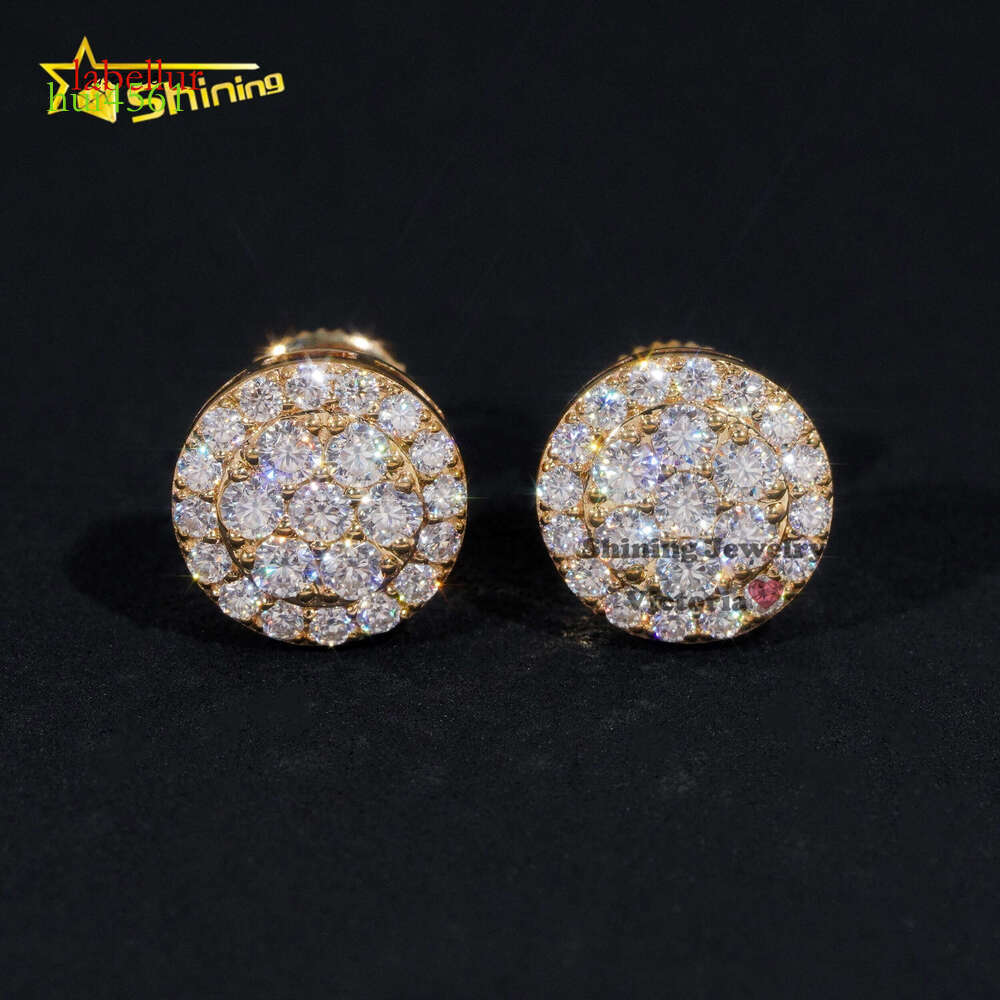 New Arrival Hip Hop Cluster Dia 10MM Round Shape Screw Back 10K Real Gold Moissanite Stud Earrings